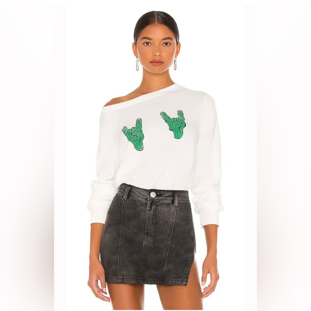 Wildfox White Sweater with Green Cactus Patches